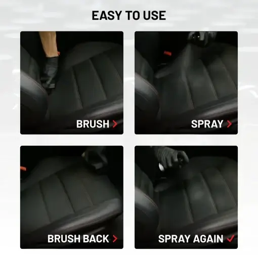 Four-step usage guideline: Step one: Brush, Step two: Spray, Step three: Brush back, Step four: Spray again.