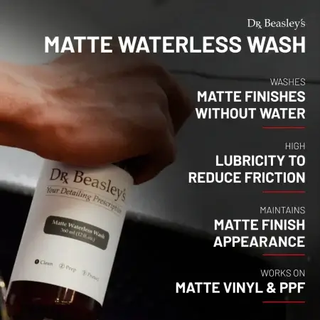 A man spraying Matte Waterless Wash onto a matte car, with product benefits listed on the right side.