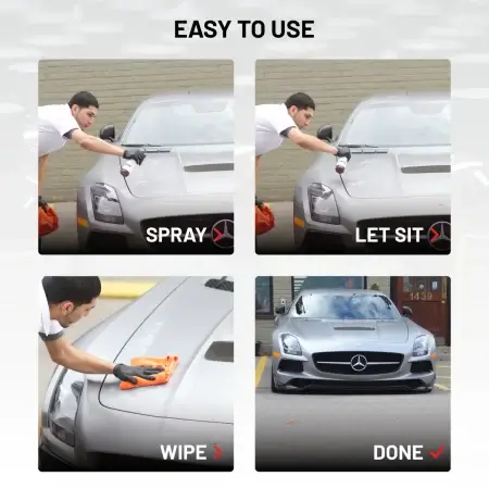 Easy To Use Process demonstrated on matte grey Mercedes SLS in four steps: spray, let sit, wipe, done.
