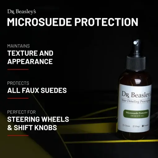 Microsuede Protection 4 fl oz bottle placed inside a car's interior with yellow stripes.