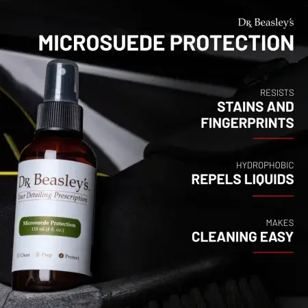 Microsuede Protection 4 fl oz bottle placed inside a car's interior.