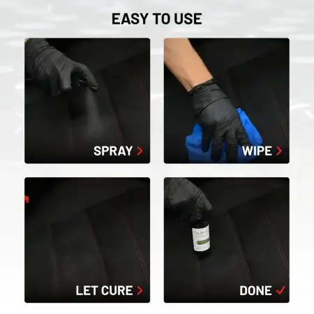 Easy to use process of Microsuede Spot Remover. Steps: spray, wipe, let cure, done.