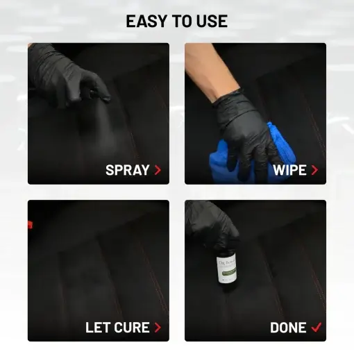 Easy to use process of Microsuede Spot Remover. Steps: spray, wipe, let cure, done.