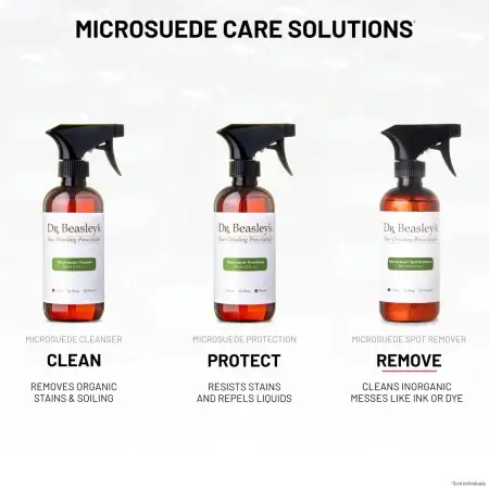 Microsuede Care Regimen consists of three products and three steps: Step one: Microsuede Cleanser, Step two: Microsuede Spot Remover, Step three: Microsuede Protection.