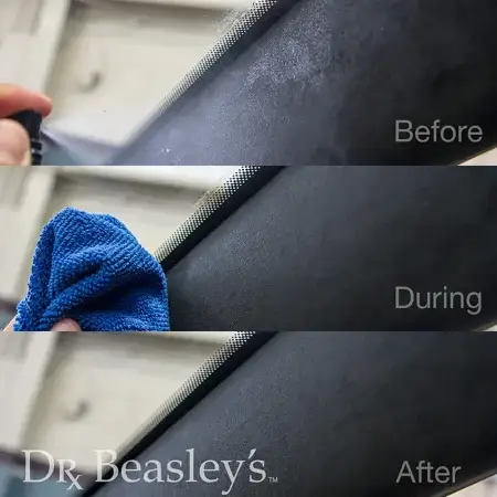Before: Stain on black Alcantara. During: Spraying Microsuede Spot Remover onto the stain. After: The spot is cleaned and has no stain.
