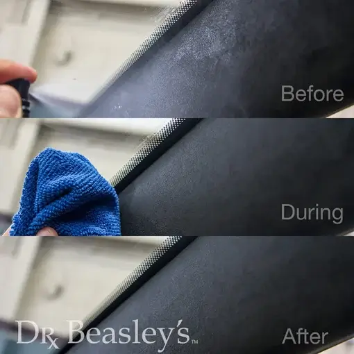 Before: Stain on black Alcantara. During: Spraying Microsuede Spot Remover onto the stain. After: The spot is cleaned and has no stain.