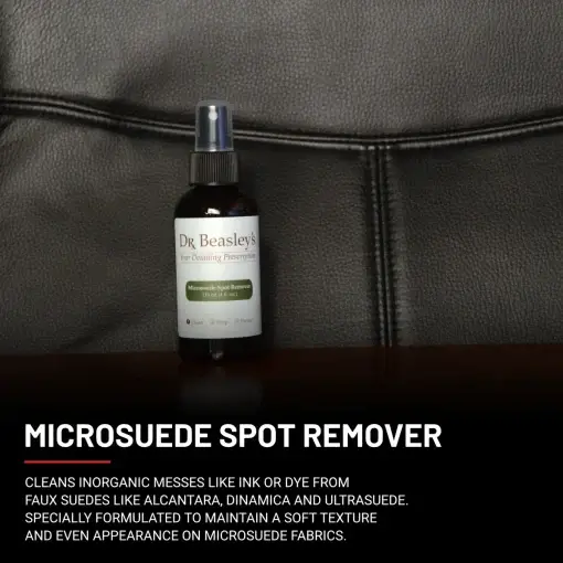 4 oz bottle of Microsuede Spot Remover with accompanying text explaining its purpose and benefits.