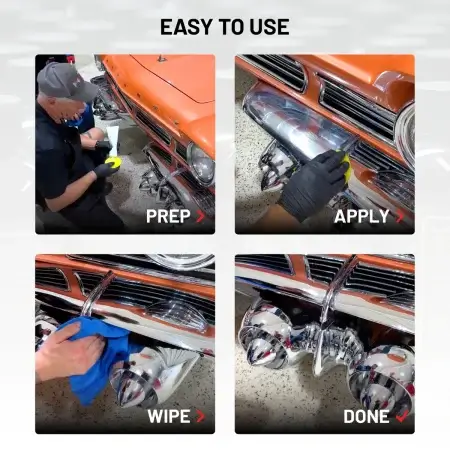 Easy To Use Process of Metal Coat demonstrated on an orange classic car our steps: prep, apply, wipe, done.