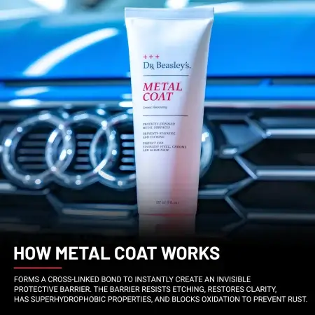 Metal Coat 8 oz tube is displayed in front of blue Audi RS3