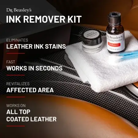 Ink Remover Kit placed on white towel inside car interior showcasing benefits on the left side