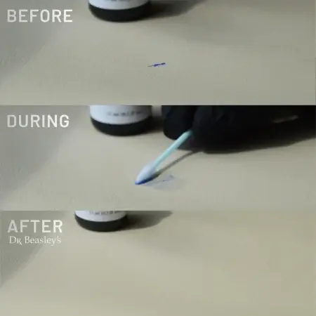 Showcasing Ink Remover Kit in action on off-white leather: before, during, and after.