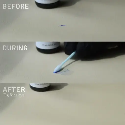 Showcasing Ink Remover Kit in action on off-white leather: before, during, and after.