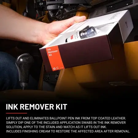 A hand holds the Ink Remover Kit inside a car interior. Description of what the Ink Remover Kit is at the bottom.
