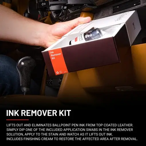 A hand holds the Ink Remover Kit inside a car interior. Description of what the Ink Remover Kit is at the bottom.