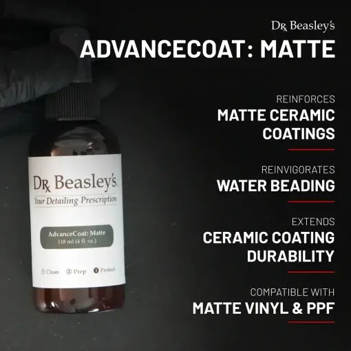 A hand wearing black glove 4 fl oz bottle of AdvanceCoat: Matte. product benefits on the right side.