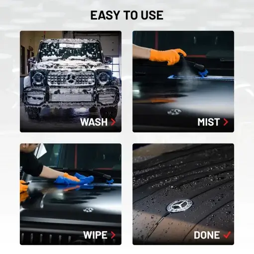 Easy to use process: Wash, mist, spray, done. The process shown on matte black Mercedes G-Wagen.