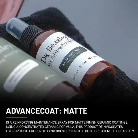 AdvanceCoat; Matte 4 oz bottle placed on black towel next to Matte Final Finish 12 oz bottle.