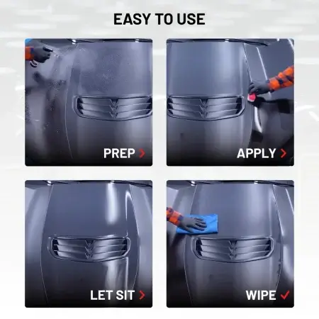 Easy to use: Prep the surface, apply, let sit, Done! All steps demonstrated on a matte grey car hood.
