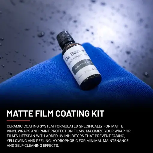 Matte Film Coating is displayed on a blue microfiber towel. Water beading highlighted on a grey matte film hood.