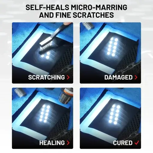 Four images showcasing the self-healing properties of the Nano-Resin Pro Kit: Scratching: A toothbrush scratches the surface. Damaged: The scratched area is shown. Healing: The scratches start to heal and disappear. Cured: The surface is fully healed and restored.