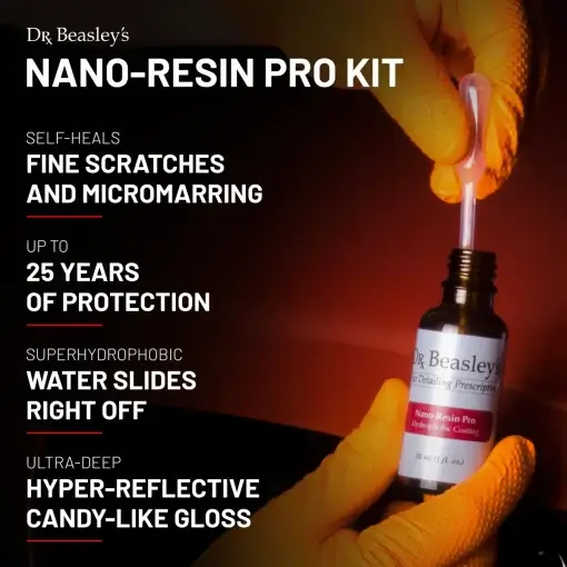A man wearing orange gloves pours Nano-Resin Pro into a pipette in front of an orange BMW.