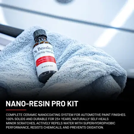 Nano-Resin Pro lays on a grey towel in front of a white car. Text below explains what the Nano-Resin Pro Kit is for.