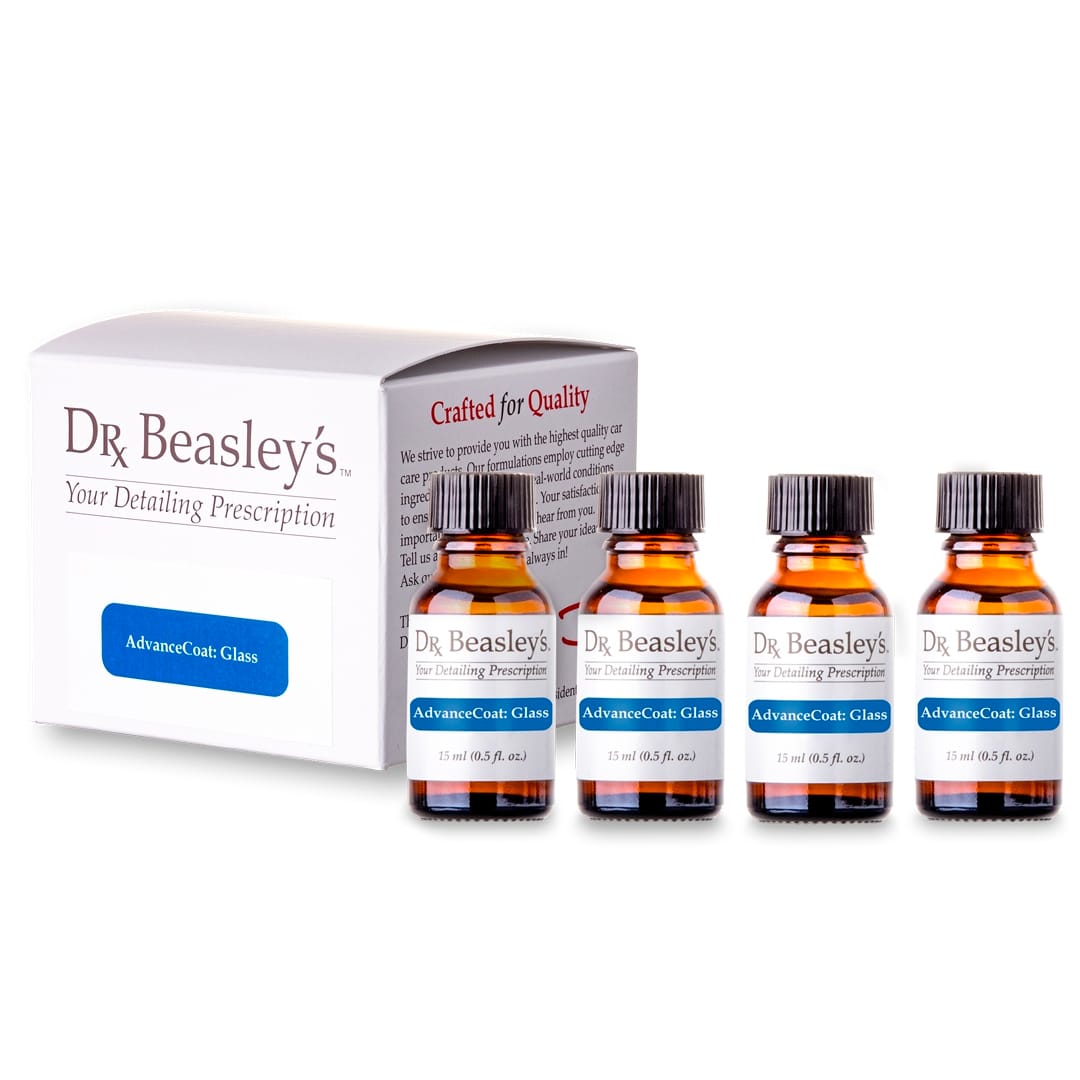 4 glass bottles of Dr. Beasley's advance coat for glass against a white background.