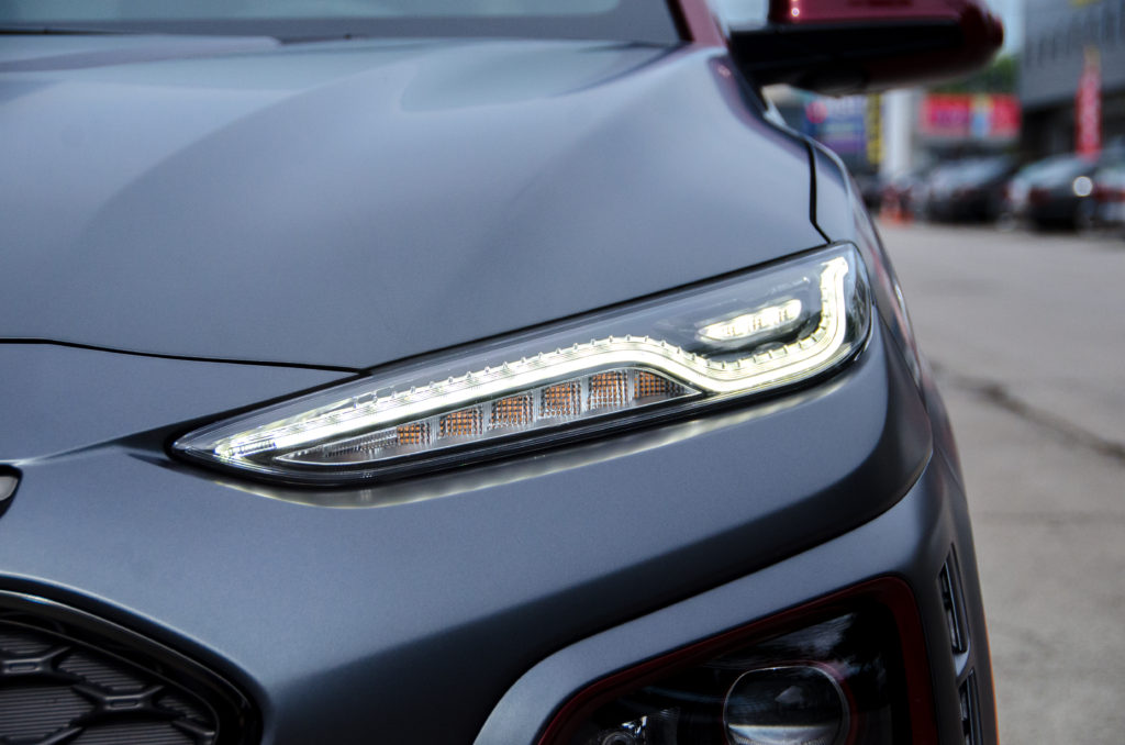 Hyundai Kona Iron Man Edition headlight after washing with Dr. Beasley's Matte Body Wash