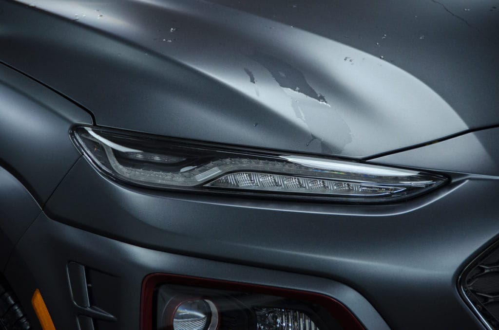 Hyundai Kona Iron Man Special Edition headlight after washing with Dr. Beasley's Matte Body Wash