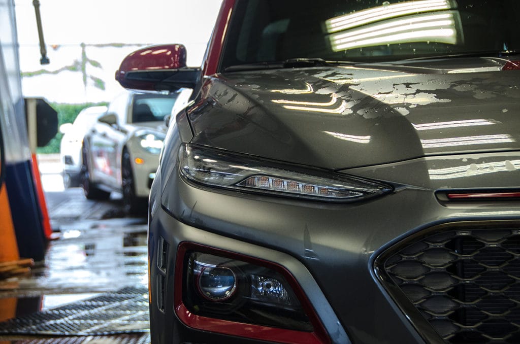 Hyundai Kona Iron Man Special Edition headlight after washing with Dr. Beasley's Matte Body Wash