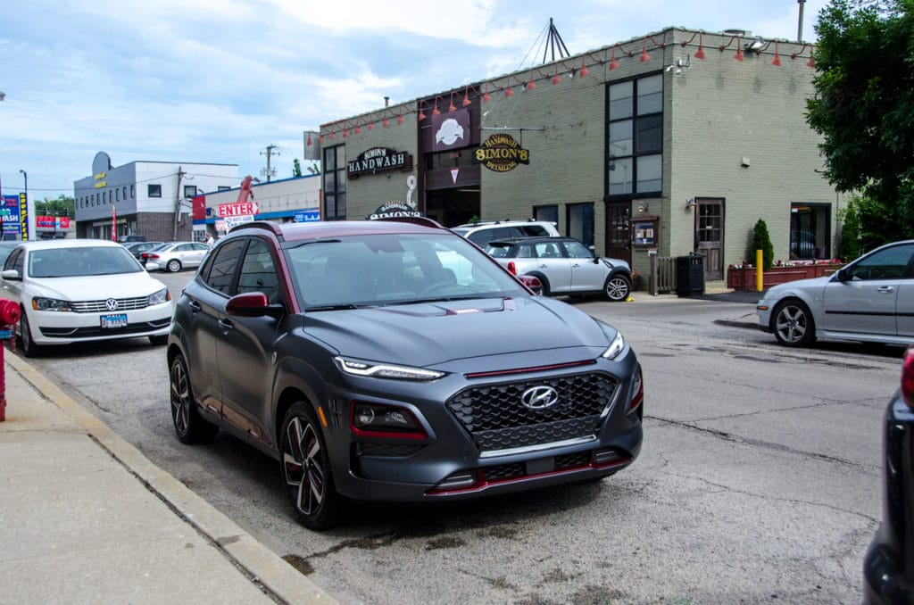 Hyundai Kona Iron Man Special Edition outside Simon's Shine Shop after being detailed with Dr. Beasley's matte paint care products