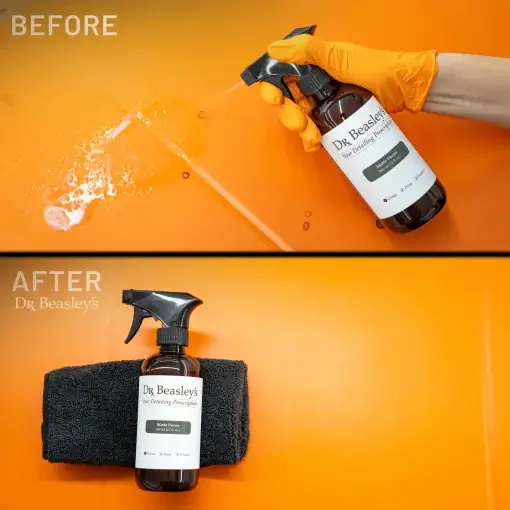 A hand wearing an orange glove sprays Matte Decon on an orange hood with a stain. After: A clean orange hood.