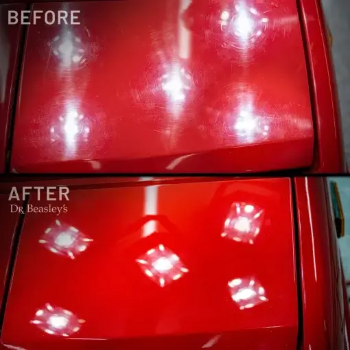 Before - upper image - swirls and deep scratches on red paint. After - bottom image - crystal clear and shining red paint after using NSP 150