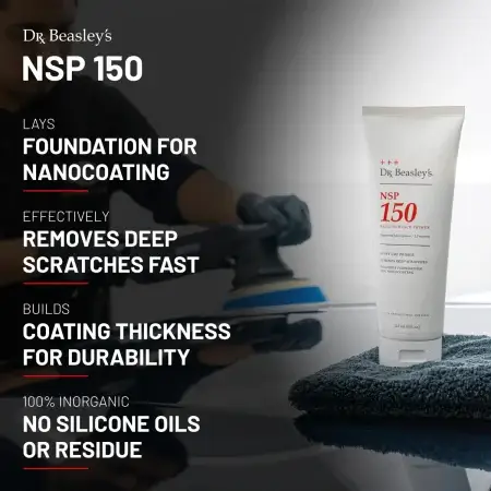 An 8 oz tube of NSP 150 placed on a grey towel. On the left side of the image, the text explains the benefits of NSP 150.