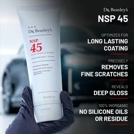 A hand wearing a black glove holds an 8 oz tube of NSP 45. Benefits of the product are explained in text on the right side of the image.