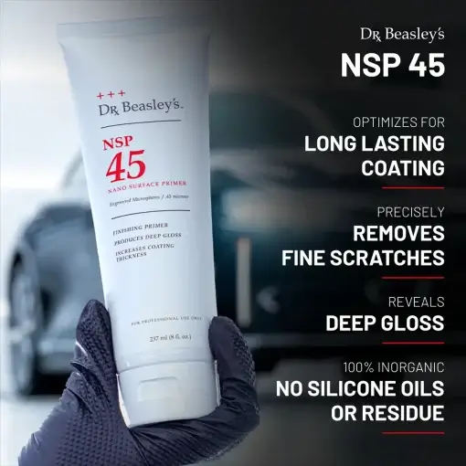 A hand wearing a black glove holds an 8 oz tube of NSP 45. Benefits of the product are explained in text on the right side of the image.