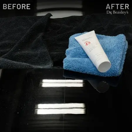 NSP 45 Before and After on a black car surface. Left side: Swirls. Right side: Clear surface after using NSP 45.