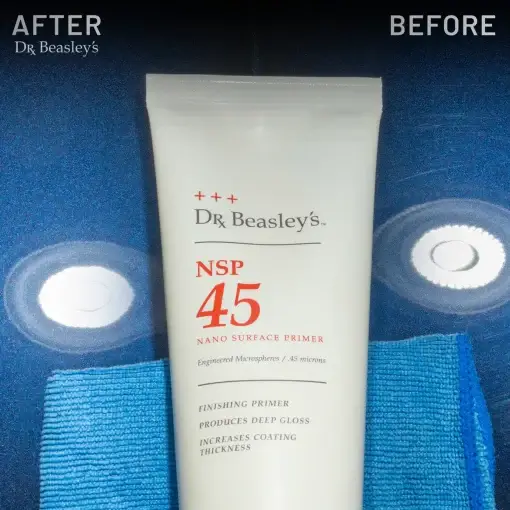 NSP 45 Before and After on a blue car surface. Left side: Swirls. Right side: Clear surface after using NSP 45.