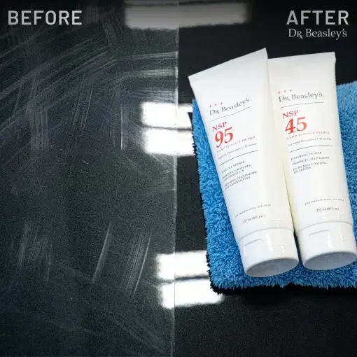 NSP 95 Before and After on a black car surface. Left side: Swirls and scratches make the paint look grey. Right side: Clear deep black surface after using NSP 95.