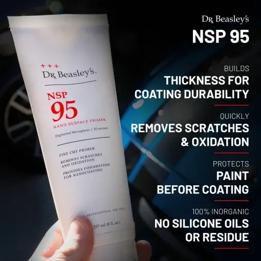 A hand holds an 8 oz tube of NSP 95. Benefits of the product are explained in text on the right side of the image.