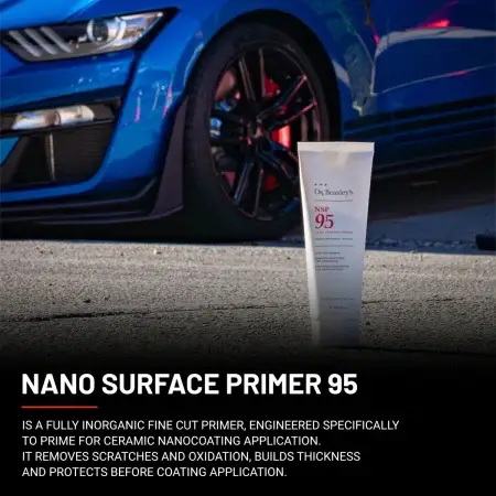 An 8 oz tube of NSP 95 sits under sunlight in front of a blue Mustang GT350R.