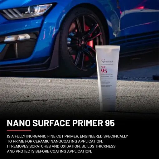 An 8 oz tube of NSP 95 sits under sunlight in front of a blue Mustang GT350R.