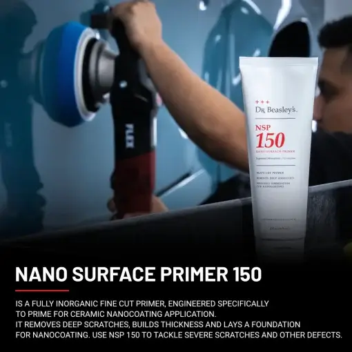 An 8 oz tube of NSP 150 positioned on the right, with a man using a buffing machine to polish a blue car on the left side. Text at the bottom provides an explanation of what NSP 150 is.