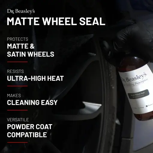 Matte Wheel Seal 12 oz bottle spraying onto a matte black wheel.