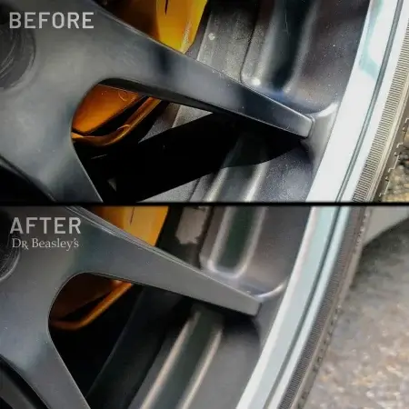 Matte black wheel unprotected before and protected after using Matte Wheel Seal