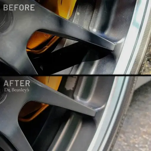 Matte black wheel unprotected before and protected after using Matte Wheel Seal