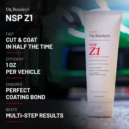 NSP Z1 8 oz tube in front of green Porsche 911. Product benefits are displayed in text on the left side.