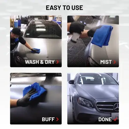 Easy to use: wash & dry, mist, buff, done. Demonstrated on matte grey Mercedes.
