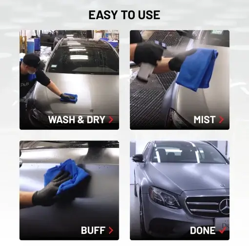 Easy to use: wash & dry, mist, buff, done. Demonstrated on matte grey Mercedes.