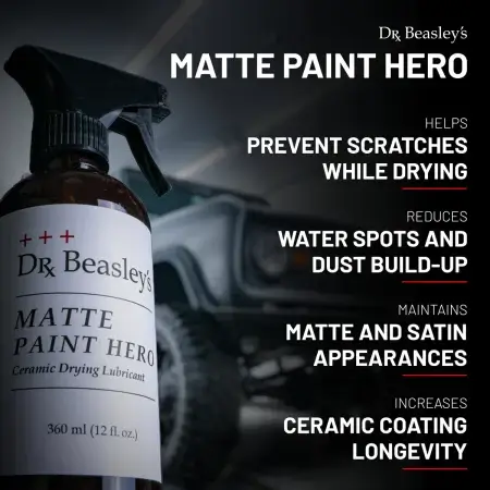 12 fl oz Matte Paint Hero bottle on left; benefits listed on right.